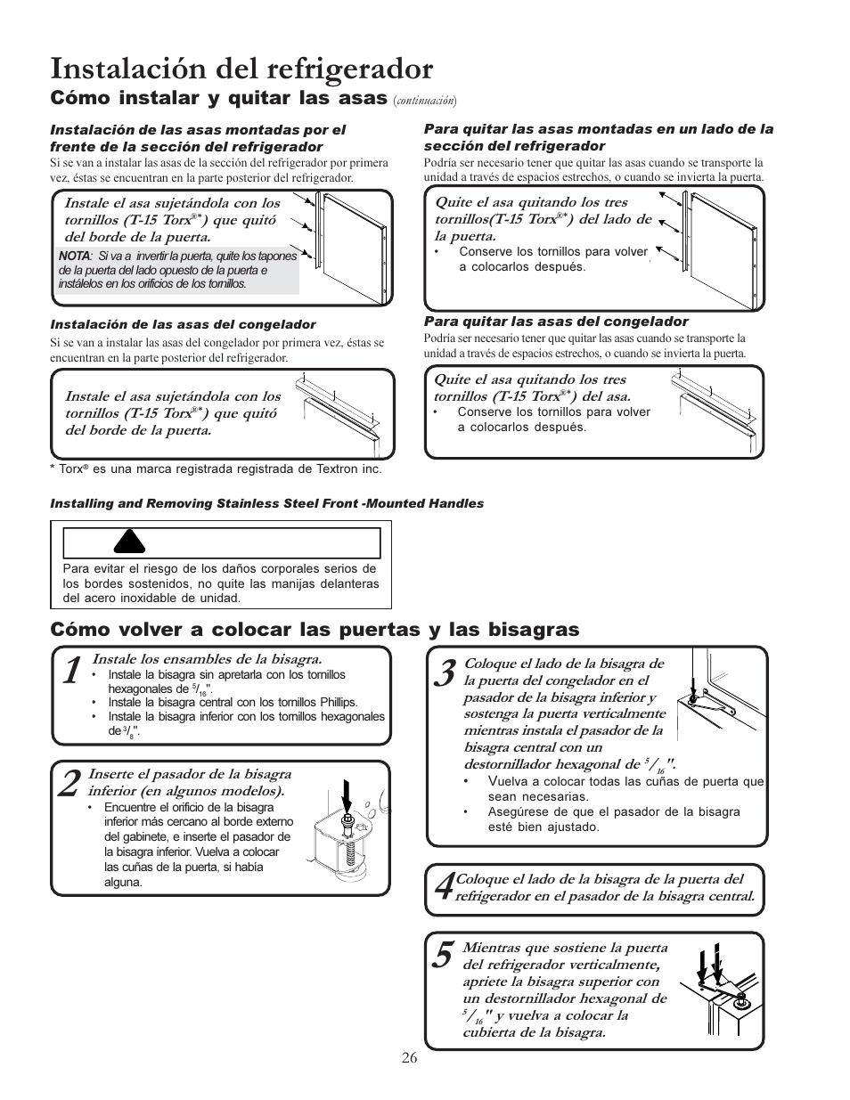 Instalación del refrigerador, Advertencia, Cómo instalar y quitar las asas | Cómo volver a colocar las puertas y las bisagras | Amana W10175445A User Manual | Page 26 / 60