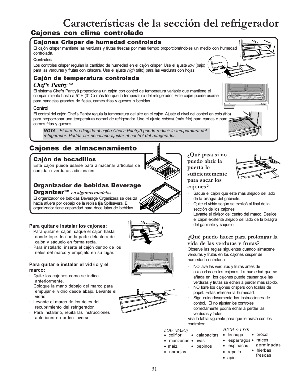 Características de la sección del refrigerador, Cajones con clima controlado, Cajones de almacenamiento | Amana W10175445A User Manual | Page 31 / 60