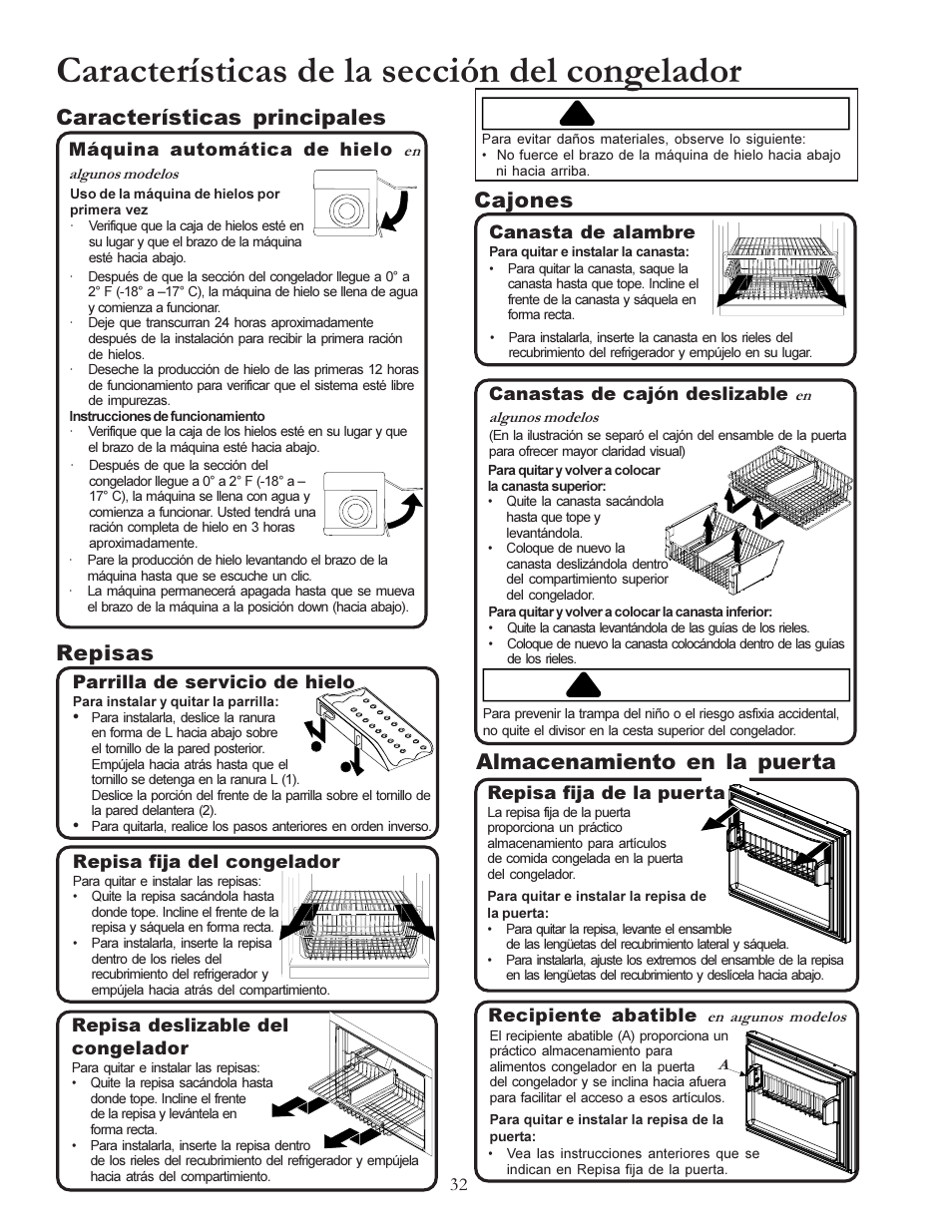 Características de la sección del congelador, Precaución, Peligro | Cajones, Almacenamiento en la puerta, Repisas, Características principales | Amana W10175445A User Manual | Page 32 / 60