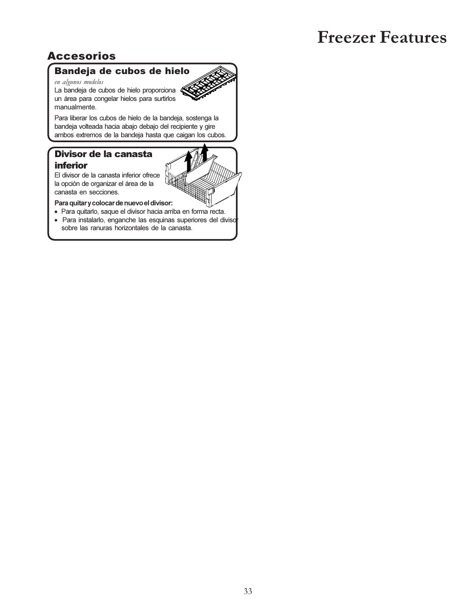 Freezer features, Accesorios | Amana W10175445A User Manual | Page 33 / 60