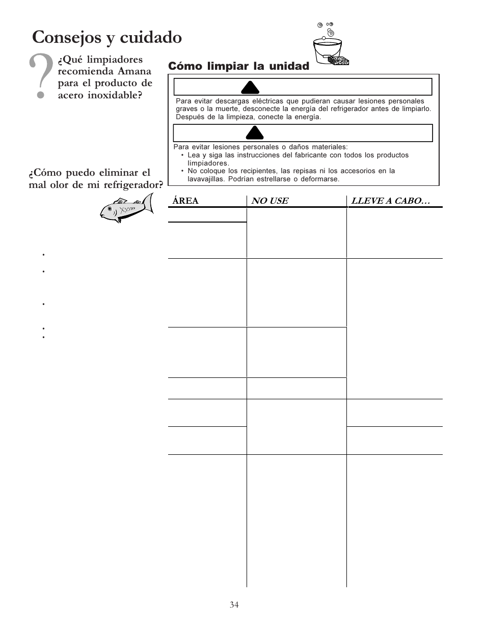Consejos y cuidado, Precaución, Advertencia | Amana W10175445A User Manual | Page 34 / 60