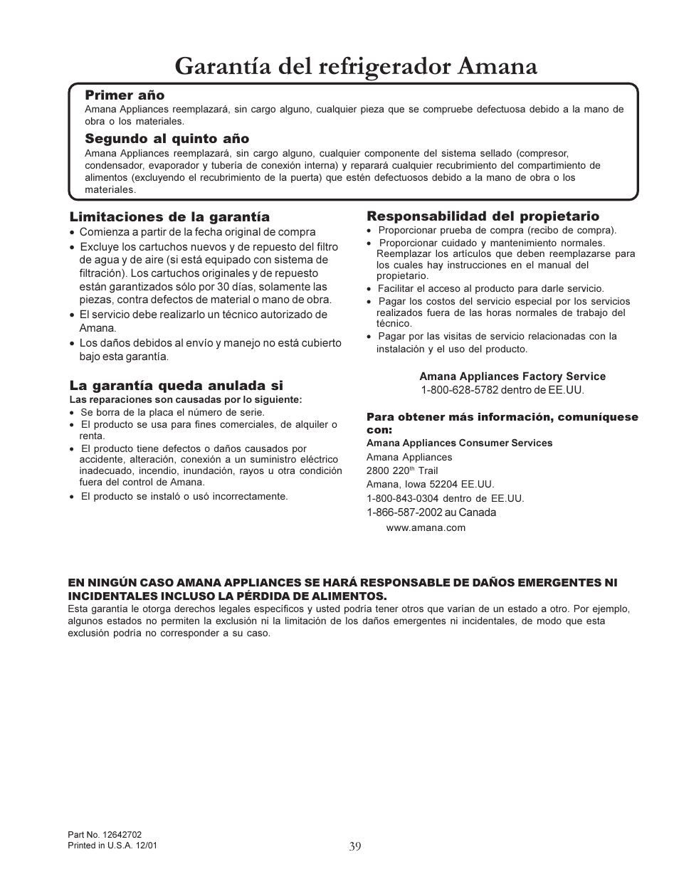 Garantía del refrigerador amana | Amana W10175445A User Manual | Page 39 / 60