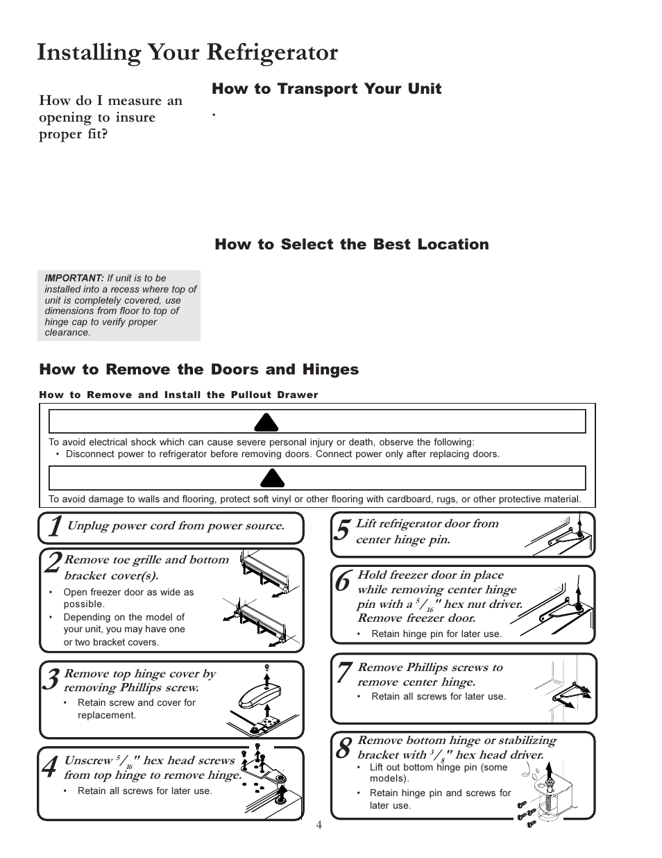 Installing your refrigerator, Warning, Caution | Amana W10175445A User Manual | Page 4 / 60