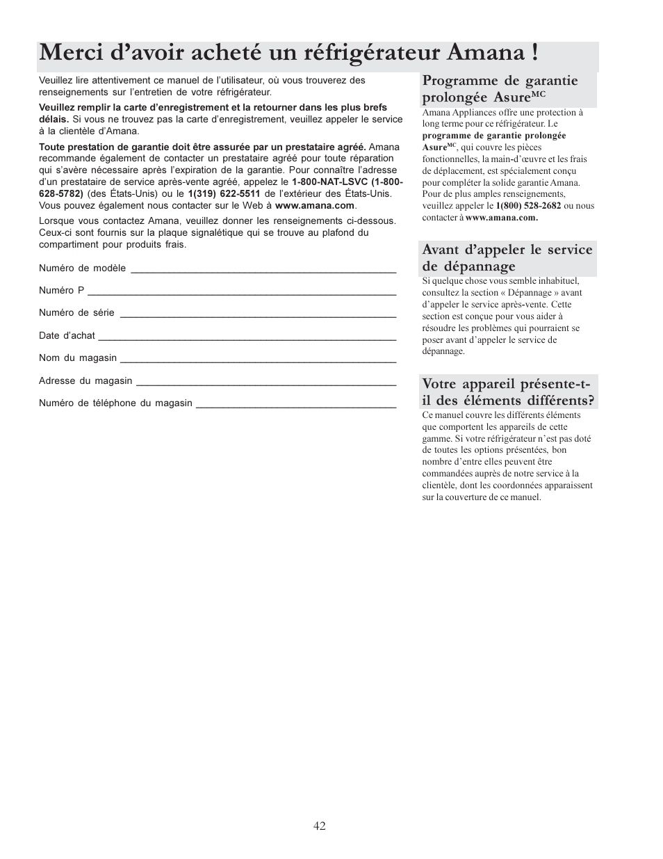 Merci davoir acheté un réfrigérateur amana, Programme de garantie prolongée asure, Avant dappeler le service de dépannage | Amana W10175445A User Manual | Page 42 / 60