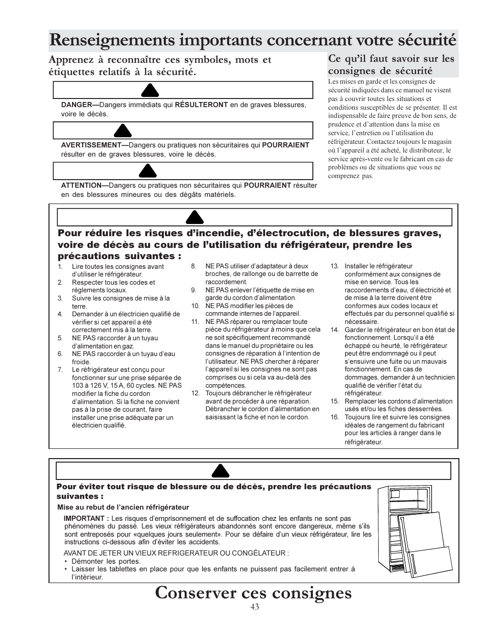 Conserver ces consignes, Avertissement, Danger | Attention, Ce quil faut savoir sur les consignes de sécurité | Amana W10175445A User Manual | Page 43 / 60