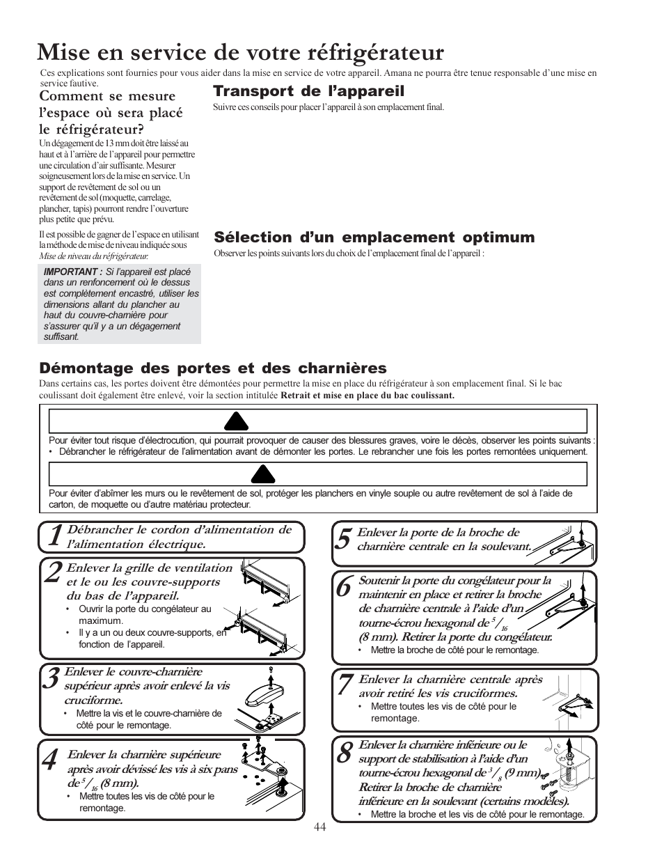 Mise en service de votre réfrigérateur, Avertissement, Attention | Amana W10175445A User Manual | Page 44 / 60