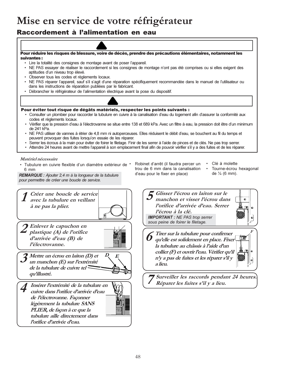 Mise en service de votre réfrigérateur, Avertissement, Attention | Amana W10175445A User Manual | Page 48 / 60