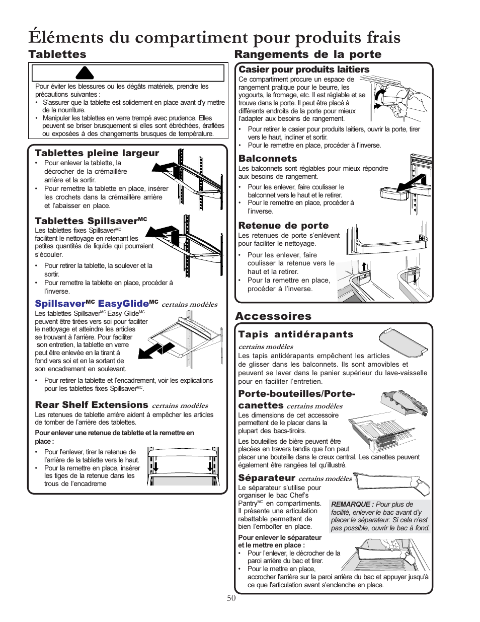 Éléments du compartiment pour produits frais, Attention, Tablettes | Rangements de la porte, Accessoires | Amana W10175445A User Manual | Page 50 / 60