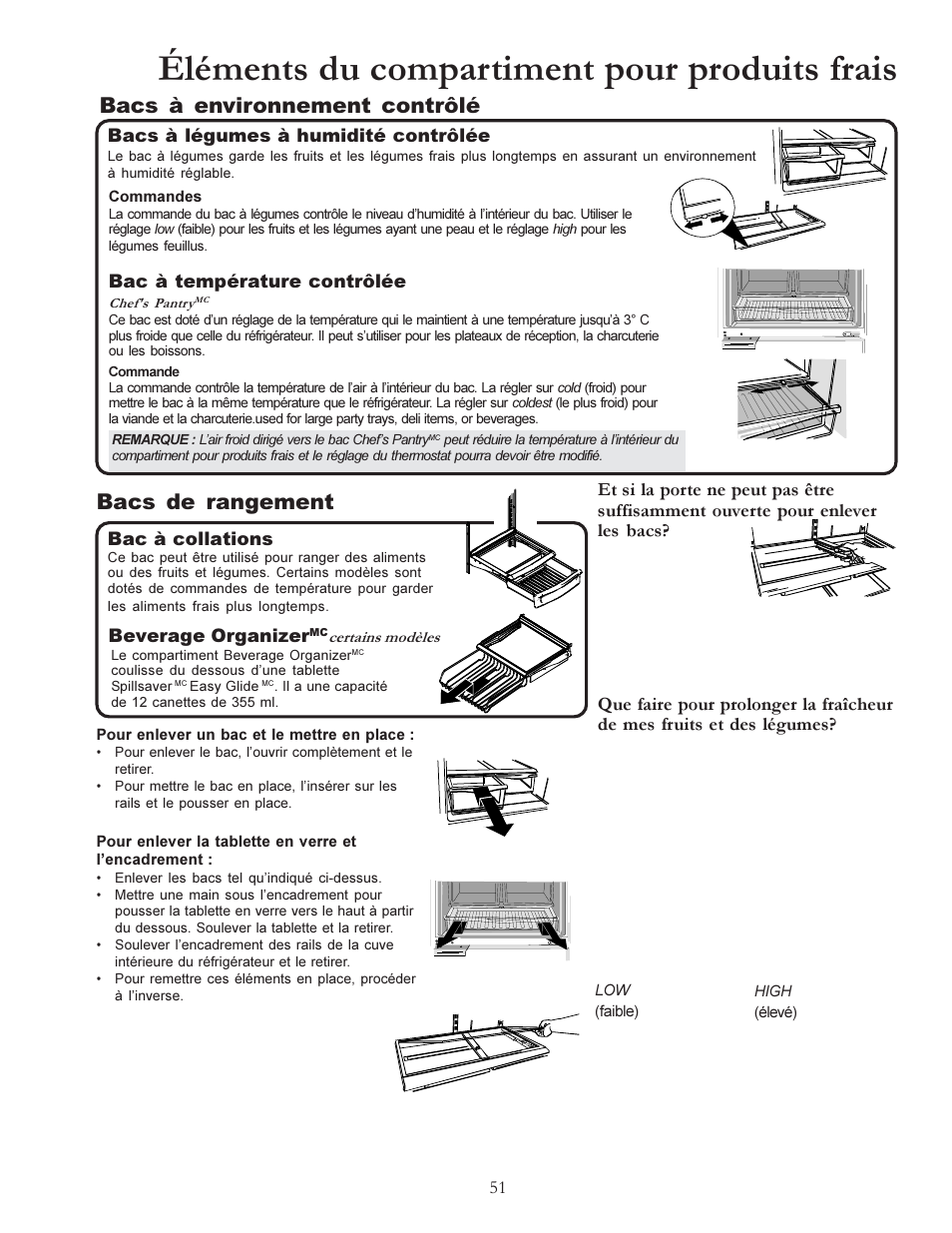 Éléments du compartiment pour produits frais, Bacs à environnement contrôlé, Bacs de rangement | Amana W10175445A User Manual | Page 51 / 60