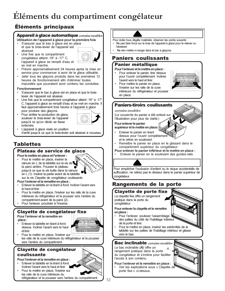 Éléments du compartiment congélateur, Attention, Danger | Éléments principaux, Tablettes, Paniers coulissants, Rangements de la porte | Amana W10175445A User Manual | Page 52 / 60