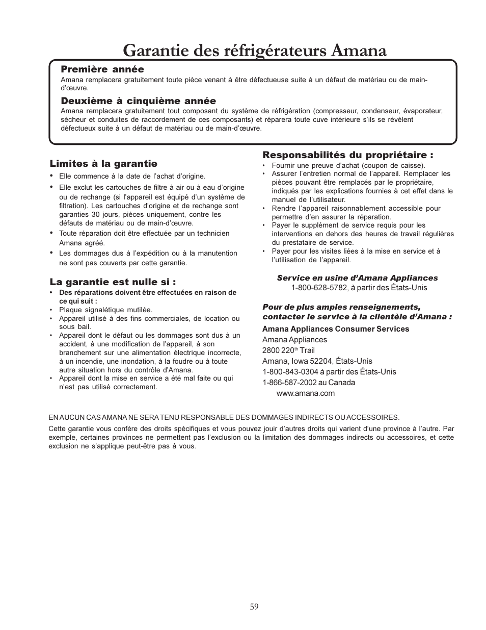 Garantie des réfrigérateurs amana | Amana W10175445A User Manual | Page 59 / 60
