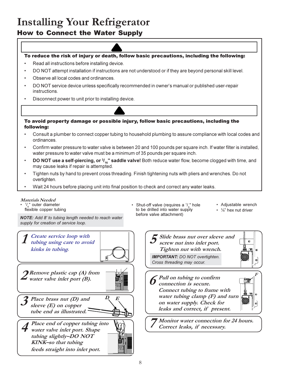 Installing your refrigerator, Warning, Caution | Amana W10175445A User Manual | Page 8 / 60