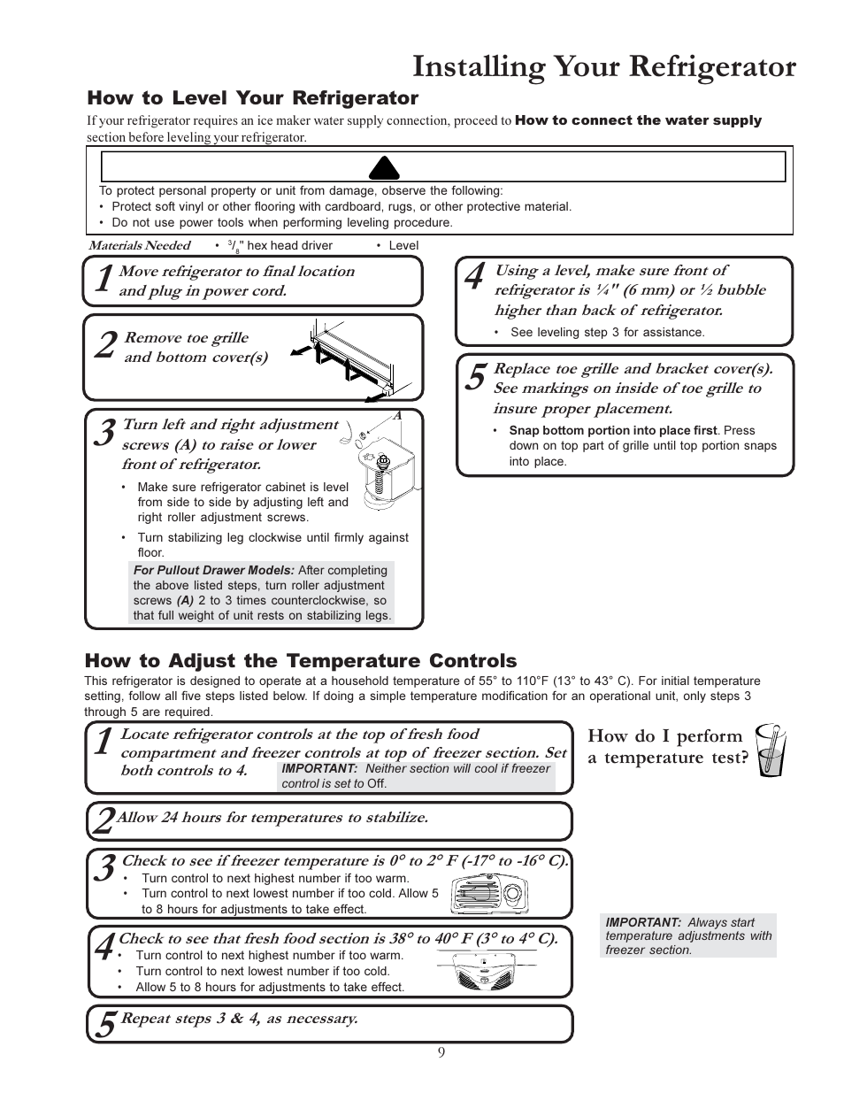 Installing your refrigerator, Caution | Amana W10175445A User Manual | Page 9 / 60