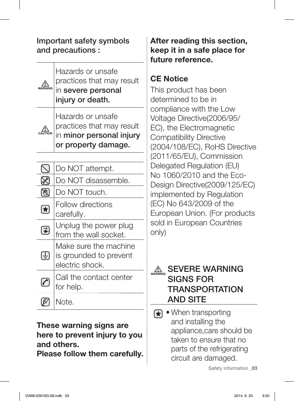 Severe warning signs for transportation and site, Important safety symbols and precautions | Samsung RF24FSEDBSR User Manual | Page 123 / 160