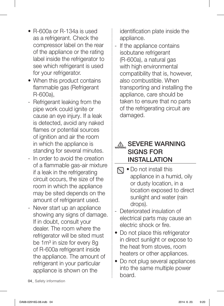 Severe warning signs for installation | Samsung RF24FSEDBSR User Manual | Page 124 / 160