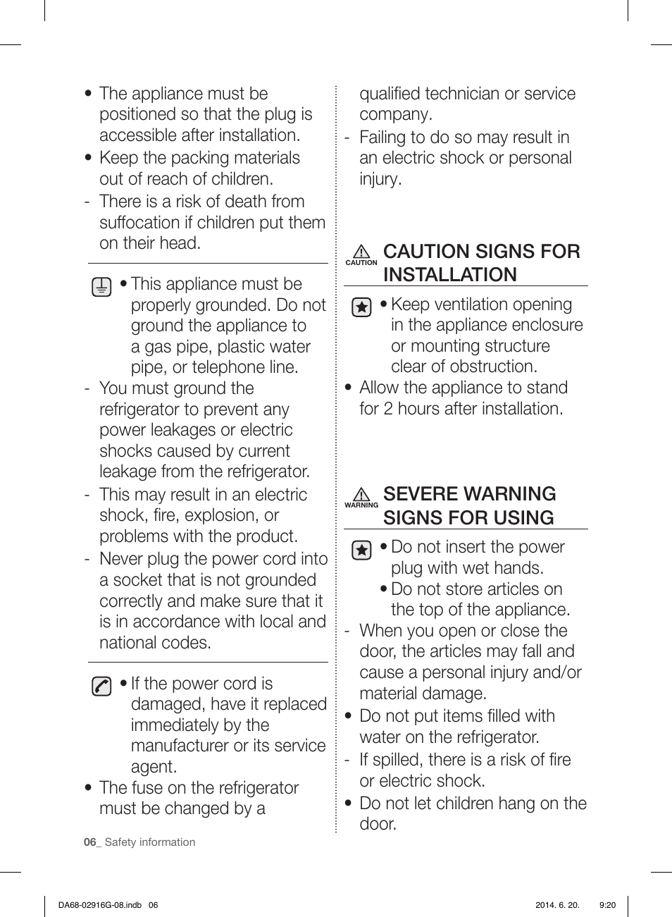 Caution signs for installation, Severe warning signs for using | Samsung RF24FSEDBSR User Manual | Page 126 / 160