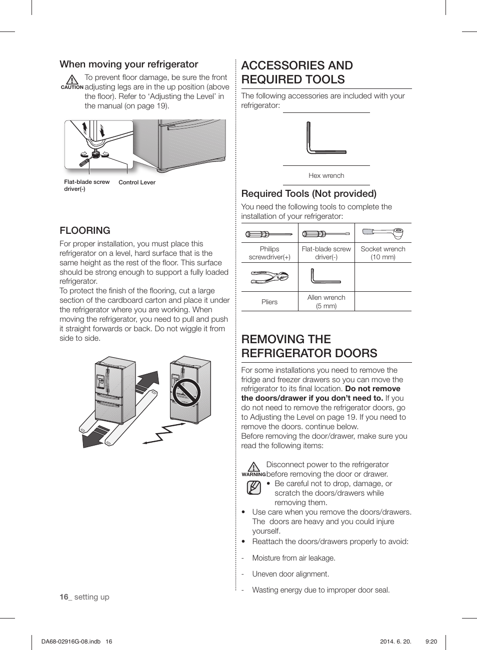 Accessories and required tools, Removing the refrigerator doors, When moving your refrigerator | Flooring, Required tools (not provided) | Samsung RF24FSEDBSR User Manual | Page 136 / 160