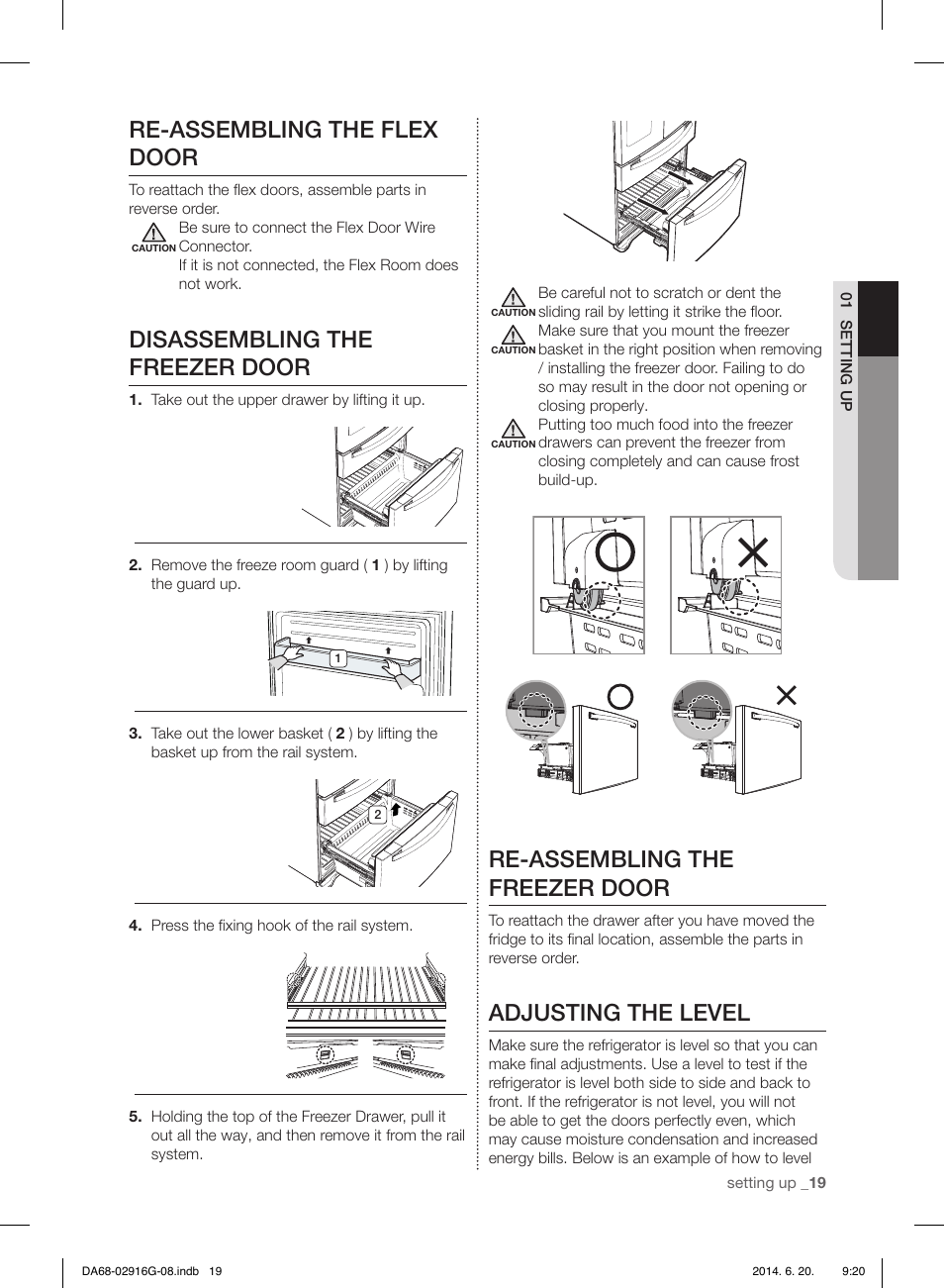 Re-assembling the flex door, Disassembling the freezer door, Re-assembling the freezer door | Adjusting the level | Samsung RF24FSEDBSR User Manual | Page 139 / 160