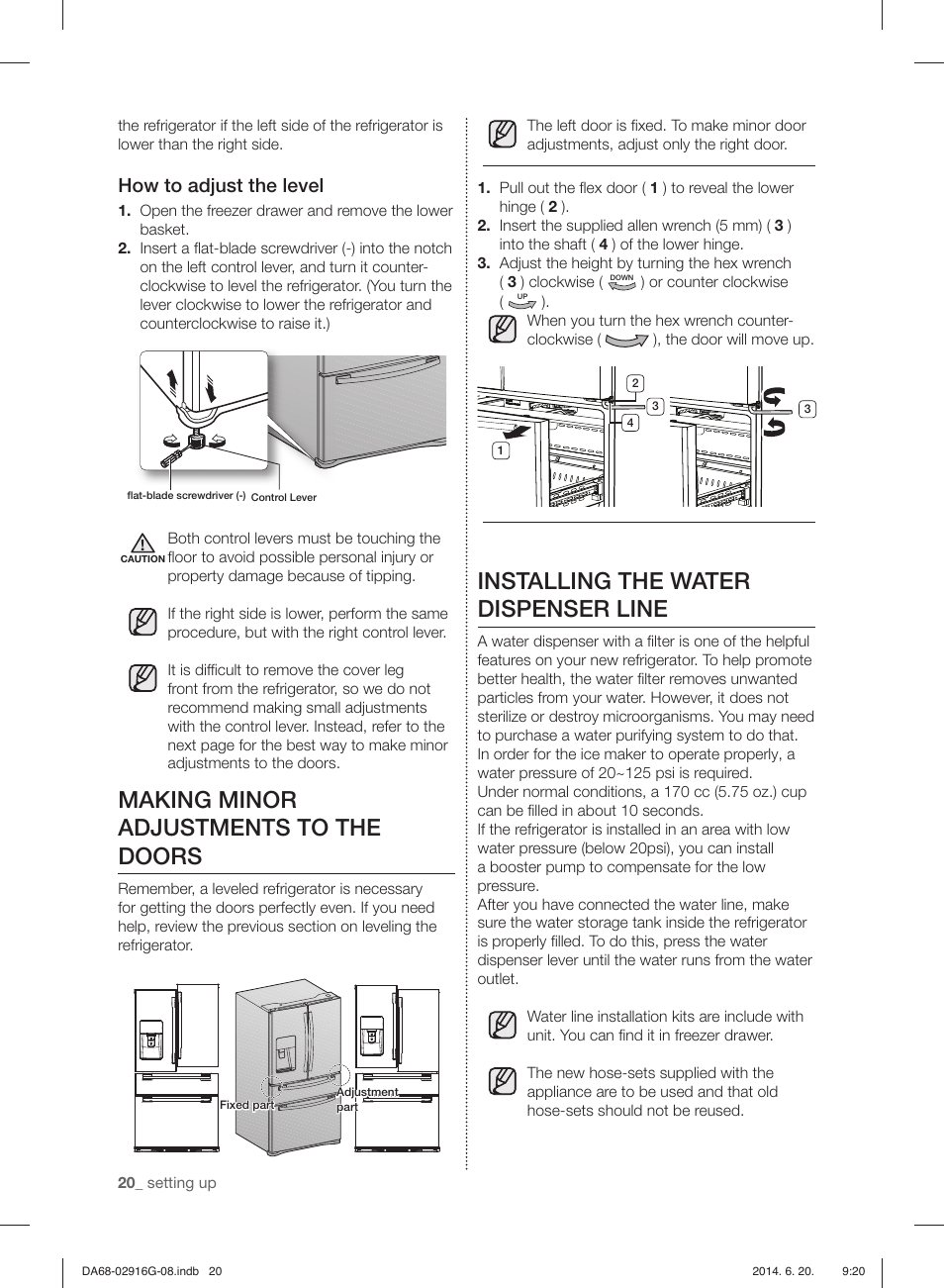 Making minor adjustments to the doors, Installing the water dispenser line, How to adjust the level | Samsung RF24FSEDBSR User Manual | Page 140 / 160