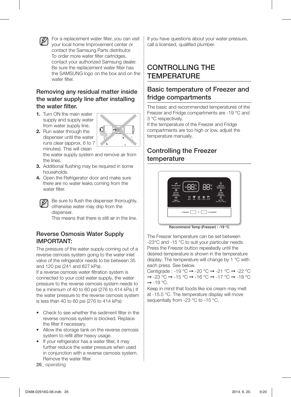 Controlling the temperature, Controlling the freezer temperature, Reverse osmosis water supply important | Samsung RF24FSEDBSR User Manual | Page 146 / 160