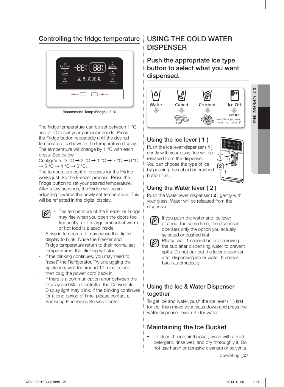 Using the cold water dispenser, Controlling the fridge temperature, Maintaining the ice bucket | Using the ice lever ( 1 ), Using the water lever ( 2 ), Using the ice & water dispenser together | Samsung RF24FSEDBSR User Manual | Page 147 / 160