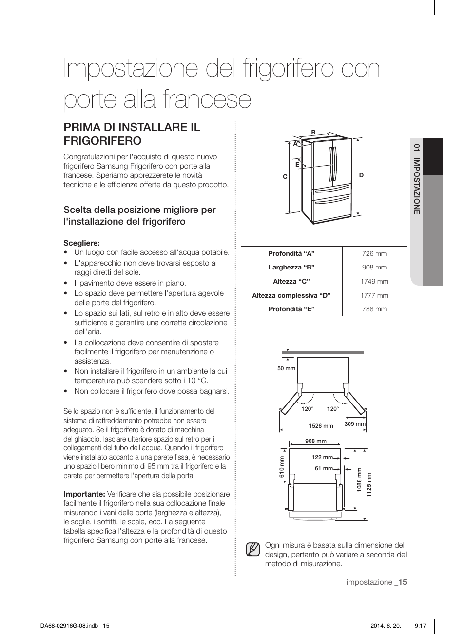 Prima di installare il frigorifero | Samsung RF24FSEDBSR User Manual | Page 15 / 160