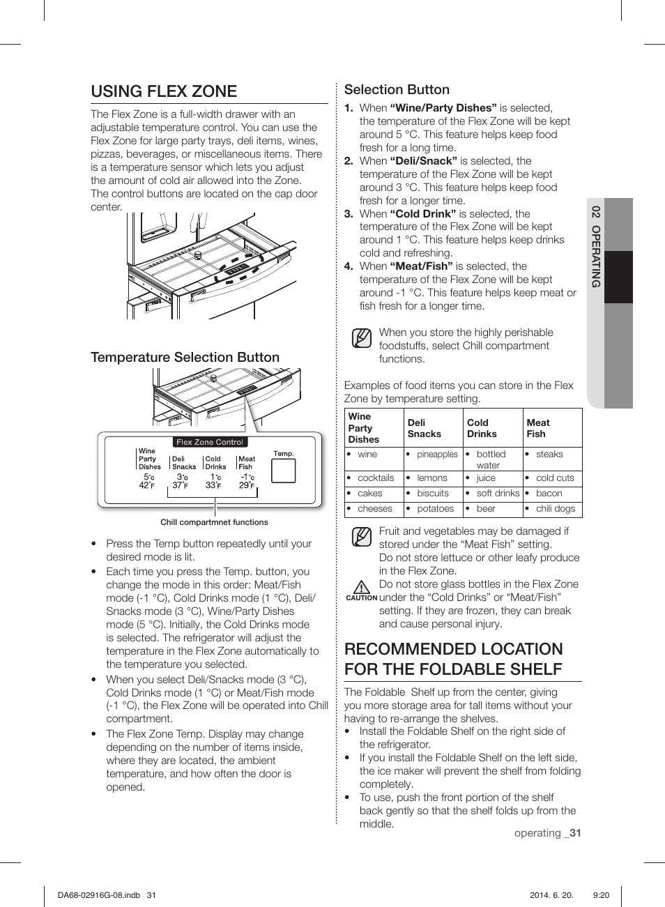 Using flex zone, Recommended location for the foldable shelf, Temperature selection button | Selection button | Samsung RF24FSEDBSR User Manual | Page 151 / 160