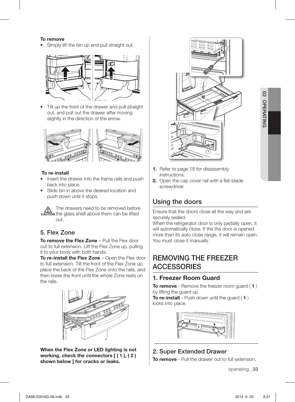 Removing the freezer accessories, Using the doors, Flex zone | Freezer room guard, Super extended drawer | Samsung RF24FSEDBSR User Manual | Page 153 / 160