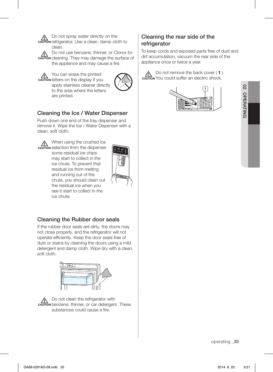 Cleaning the ice / water dispenser, Cleaning the rubber door seals, Cleaning the rear side of the refrigerator | Samsung RF24FSEDBSR User Manual | Page 155 / 160