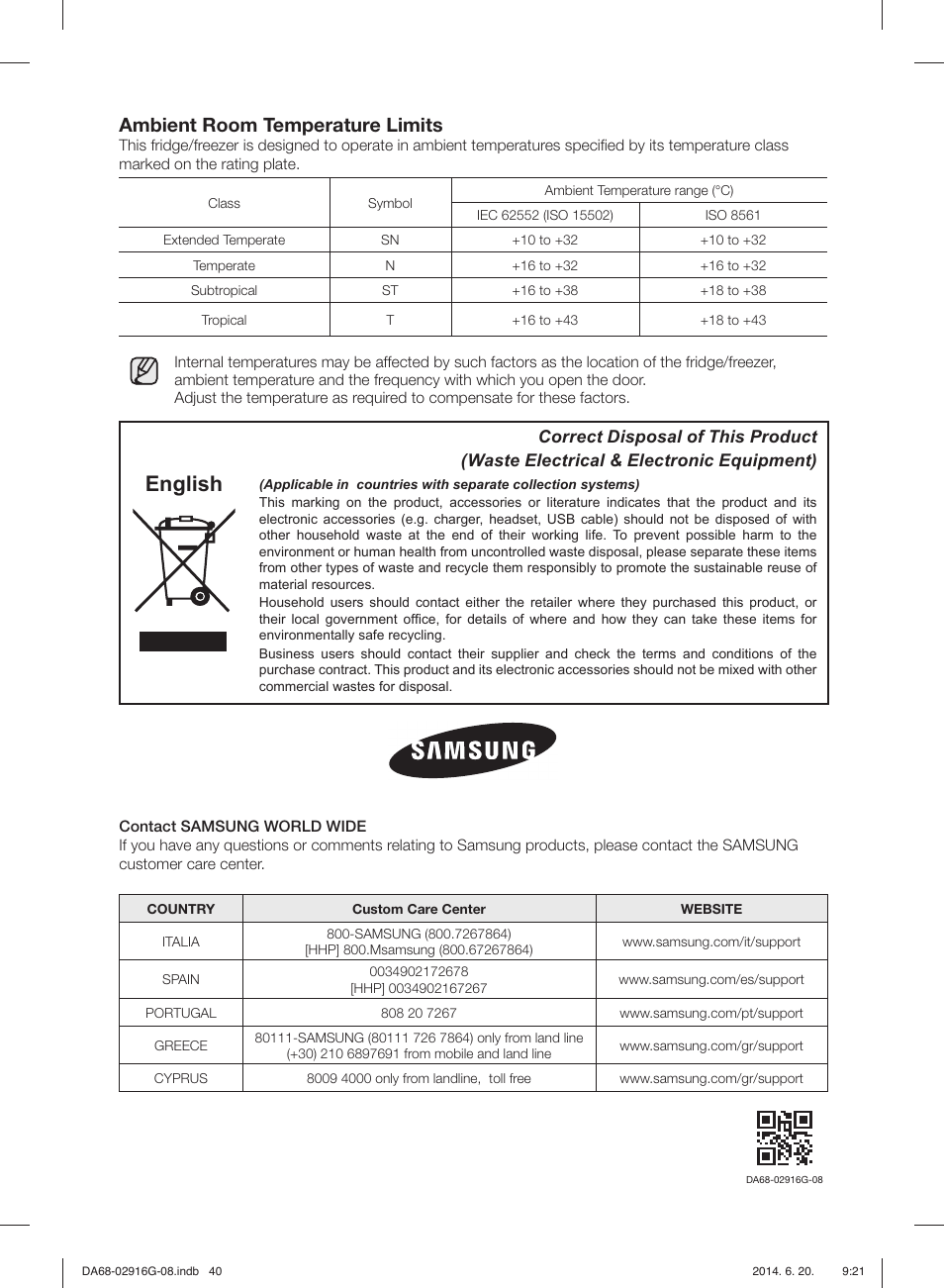 English, Ambient room temperature limits | Samsung RF24FSEDBSR User Manual | Page 160 / 160