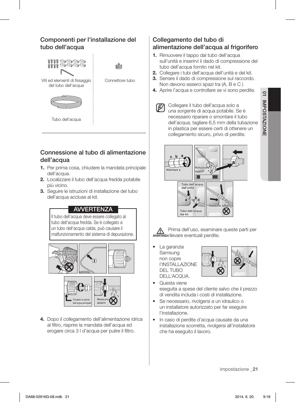 Componenti per l’installazione del tubo dell’acqua, Connessione al tubo di alimentazione dell’acqua, Avvertenza | Samsung RF24FSEDBSR User Manual | Page 21 / 160