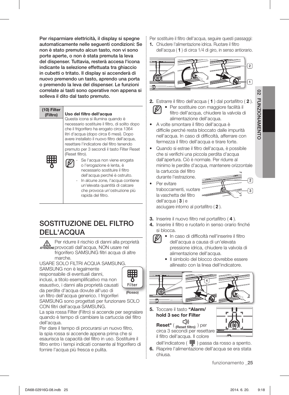 Sostituzione del filtro dell'acqua | Samsung RF24FSEDBSR User Manual | Page 25 / 160