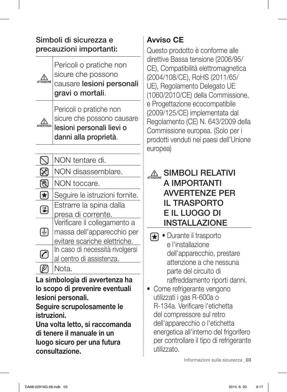 Simboli di sicurezza e precauzioni importanti | Samsung RF24FSEDBSR User Manual | Page 3 / 160