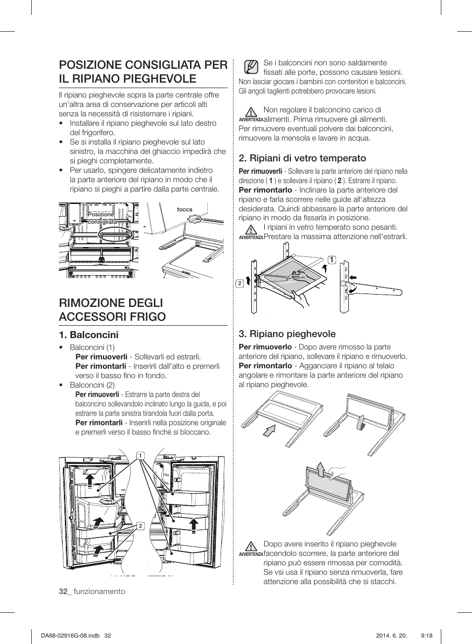 Posizione consigliata per il ripiano pieghevole, Rimozione degli accessori frigo, Balconcini | Ripiani di vetro temperato, Ripiano pieghevole | Samsung RF24FSEDBSR User Manual | Page 32 / 160