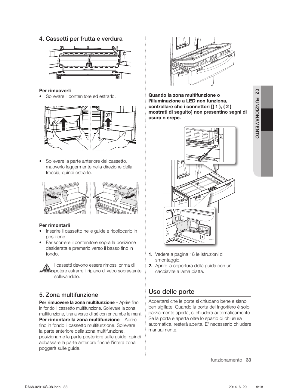 Uso delle porte, Cassetti per frutta e verdura, Zona multifunzione | Samsung RF24FSEDBSR User Manual | Page 33 / 160