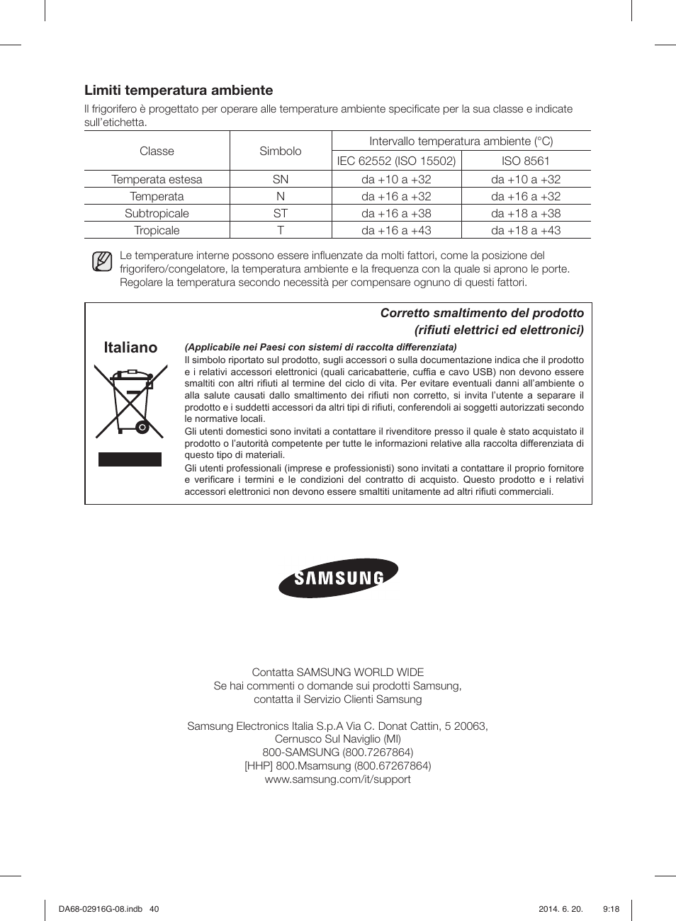 Italiano, Limiti temperatura ambiente | Samsung RF24FSEDBSR User Manual | Page 40 / 160