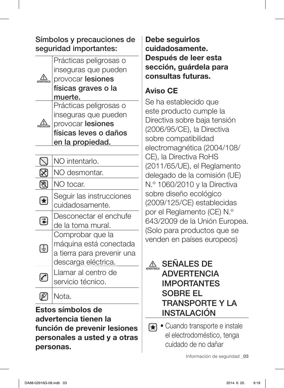 Símbolos y precauciones de seguridad importantes | Samsung RF24FSEDBSR User Manual | Page 43 / 160