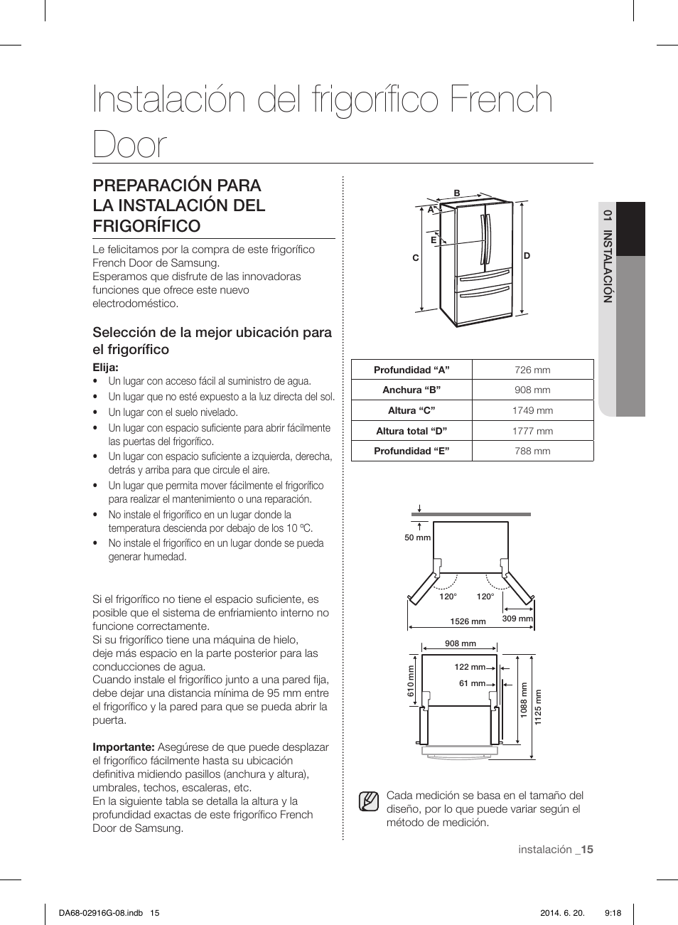 Instalación del frigoríﬁ co french door, Preparación para la instalación del frigorífico | Samsung RF24FSEDBSR User Manual | Page 55 / 160