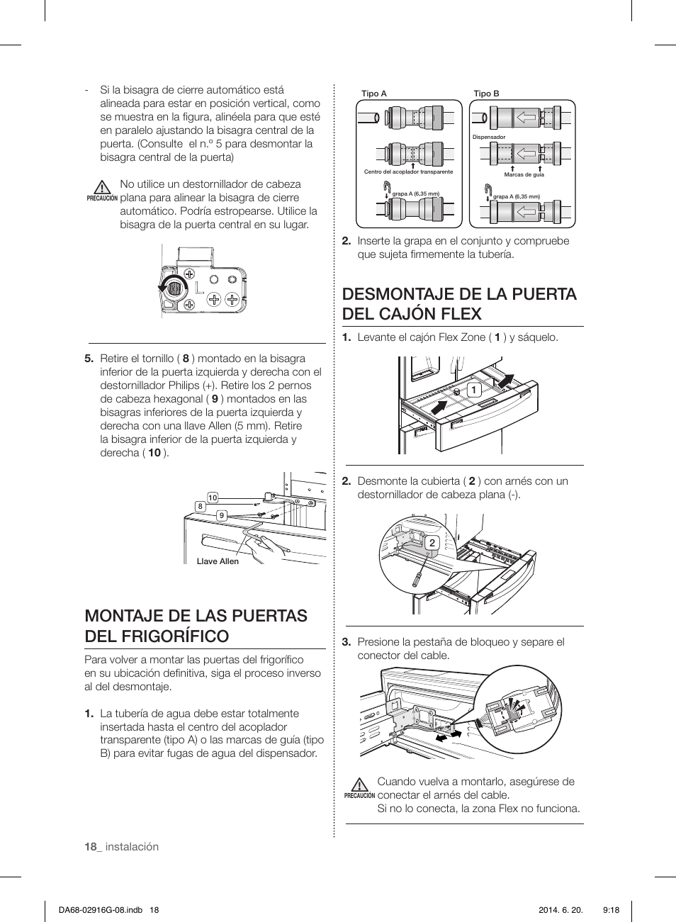 Montaje de las puertas del frigorífico, Desmontaje de la puerta del cajón flex | Samsung RF24FSEDBSR User Manual | Page 58 / 160