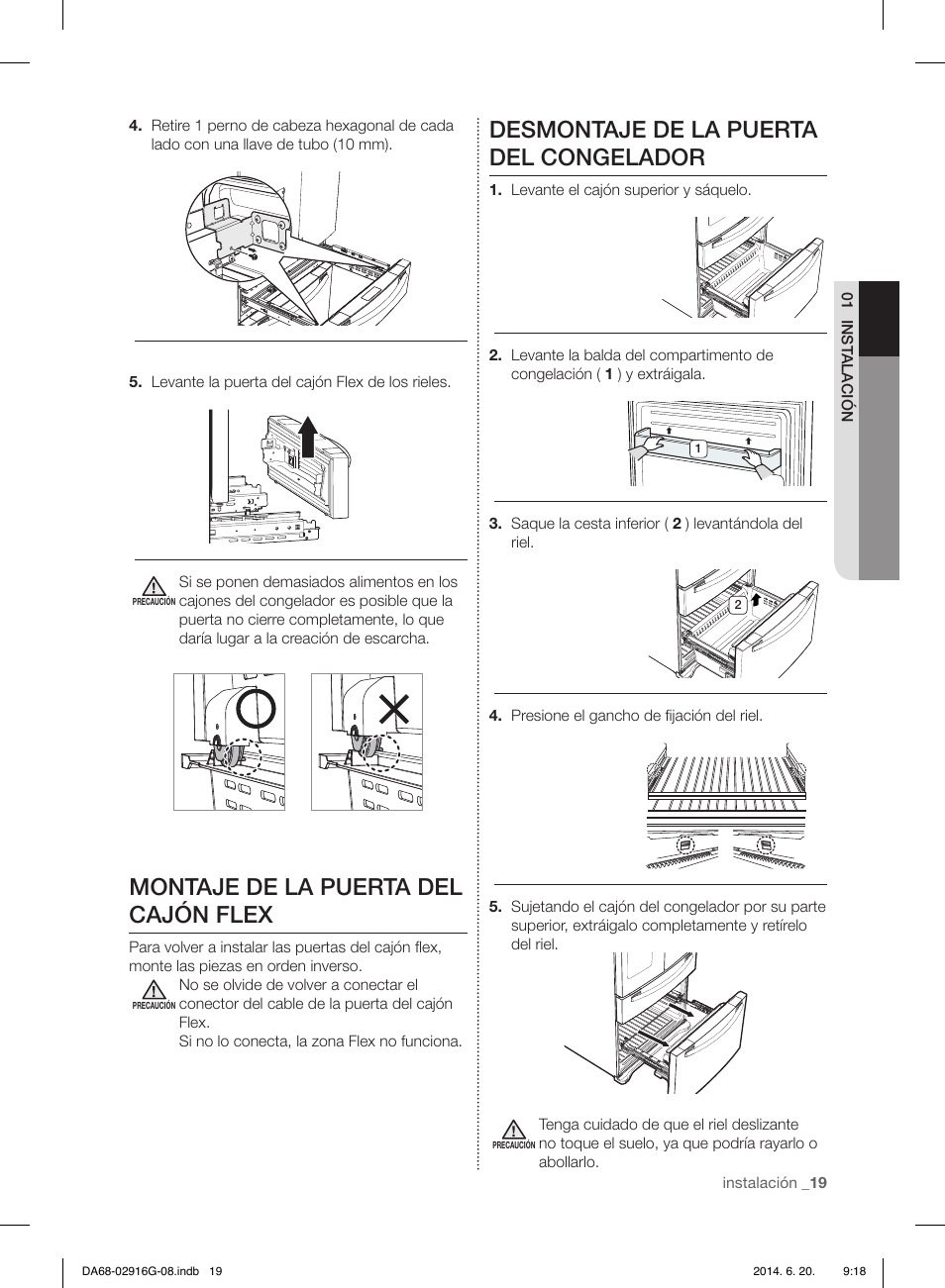 Montaje de la puerta del cajón flex, Desmontaje de la puerta del congelador | Samsung RF24FSEDBSR User Manual | Page 59 / 160