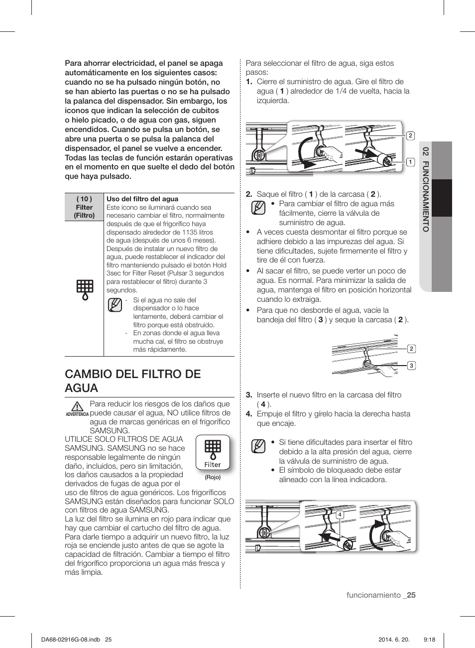 Cambio del filtro de agua | Samsung RF24FSEDBSR User Manual | Page 65 / 160