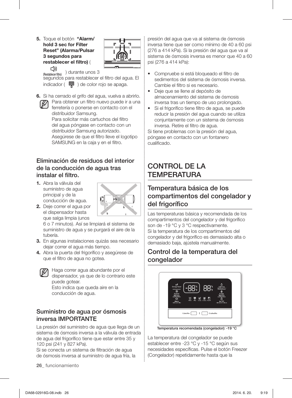 Control de la temperatura, Control de la temperatura del congelador, Suministro de agua por ósmosis inversa importante | Samsung RF24FSEDBSR User Manual | Page 66 / 160