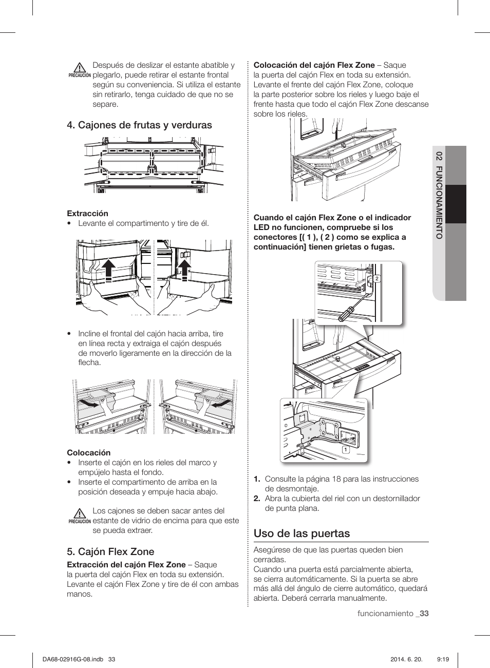 Uso de las puertas, Cajones de frutas y verduras, Cajón flex zone | Samsung RF24FSEDBSR User Manual | Page 73 / 160