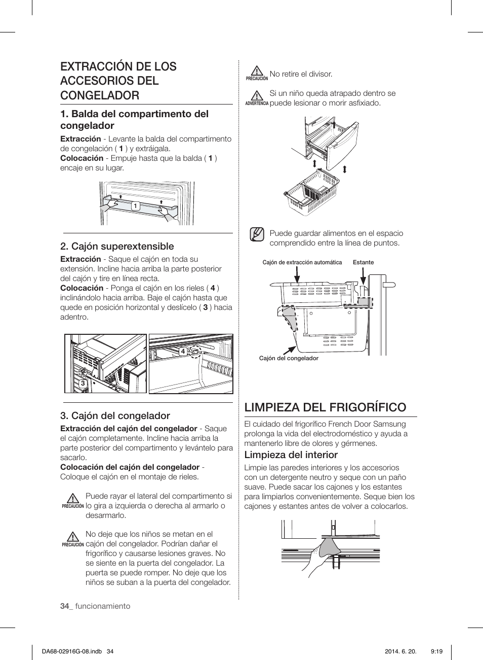 Extracción de los accesorios del congelador, Limpieza del frigorífico, Balda del compartimento del congelador | Cajón superextensible, Cajón del congelador, Limpieza del interior | Samsung RF24FSEDBSR User Manual | Page 74 / 160