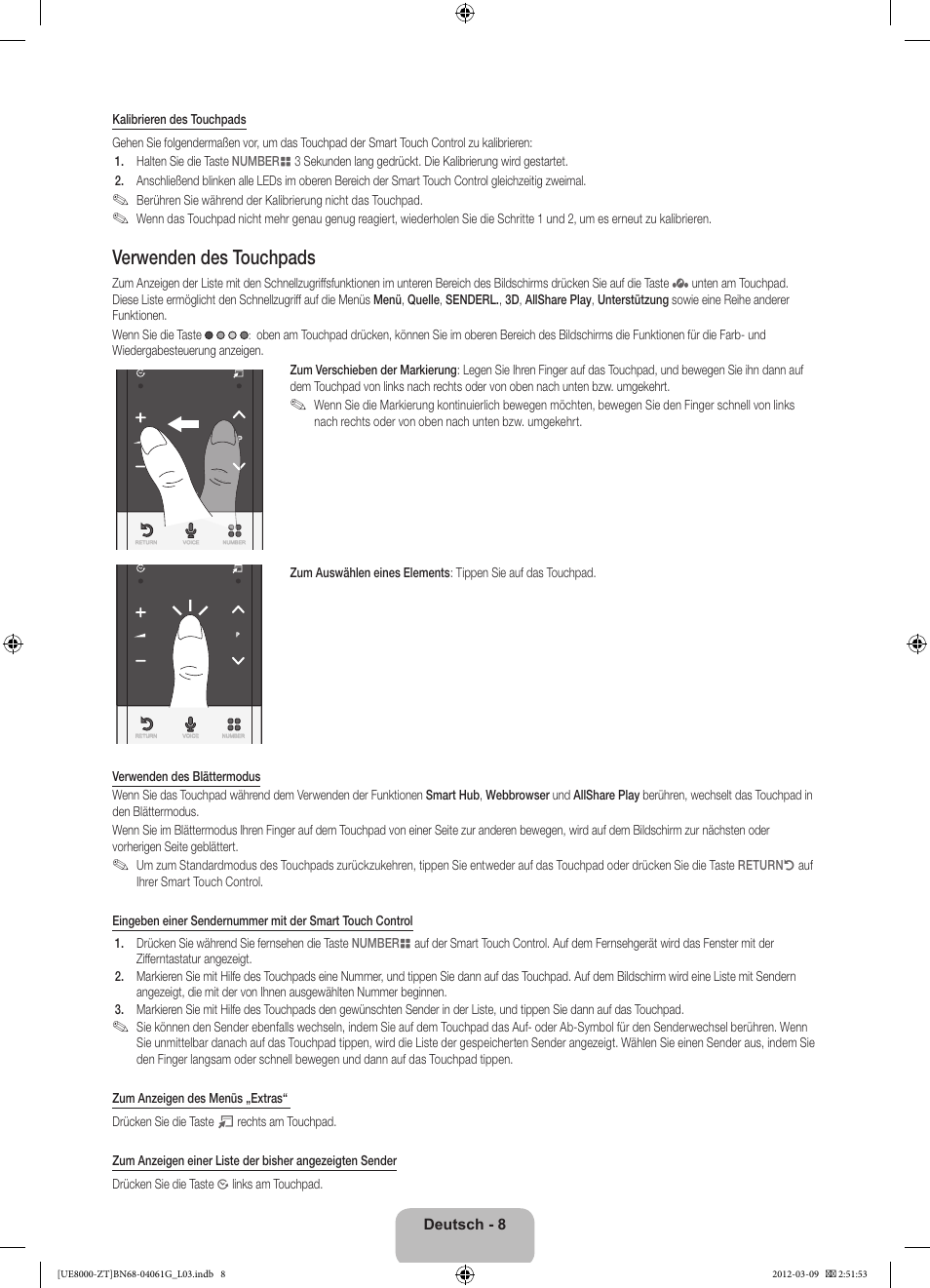 Verwenden des touchpads | Samsung UE46ES8000Q User Manual | Page 55 / 71