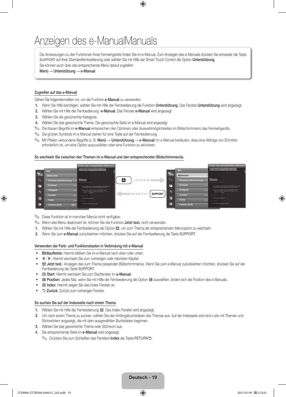 Anzeigen des e-manualmanuals, Deutsch - 19 | Samsung UE46ES8000Q User Manual | Page 66 / 71