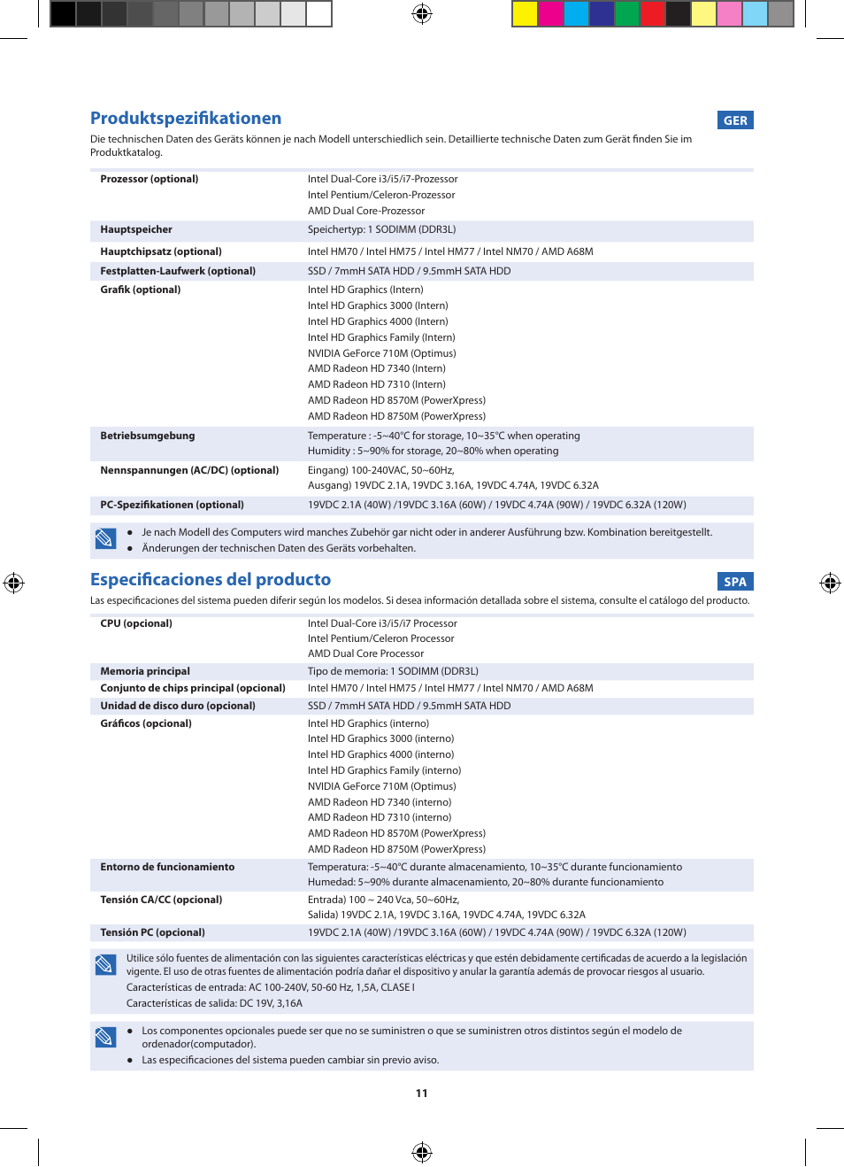 Produktspezifikationen, Especificaciones del producto | Samsung NP270E5UI User Manual | Page 11 / 27