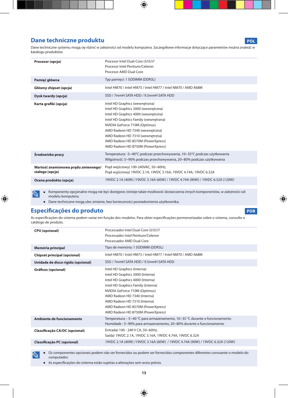 Dane techniczne produktu, Especificações do produto | Samsung NP270E5UI User Manual | Page 13 / 27
