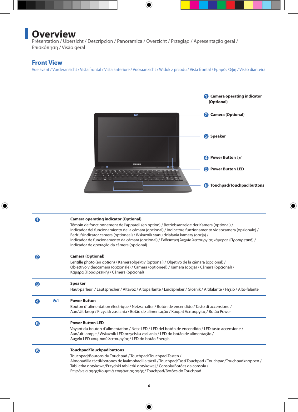 Overview, Front view | Samsung NP270E5UI User Manual | Page 6 / 27