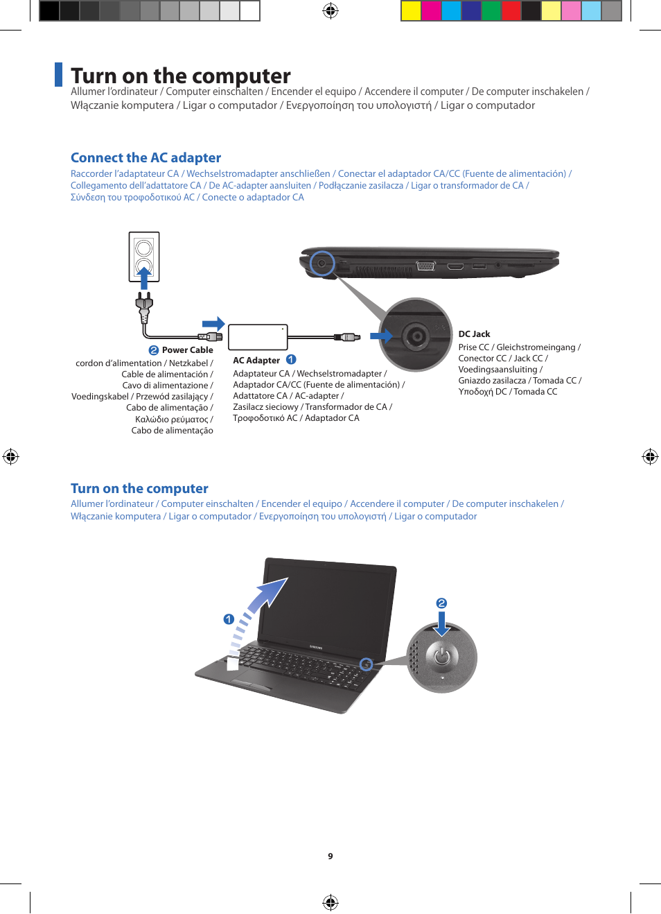 Connect the ac adapter, Turn on the computer | Samsung NP270E5UI User Manual | Page 9 / 27